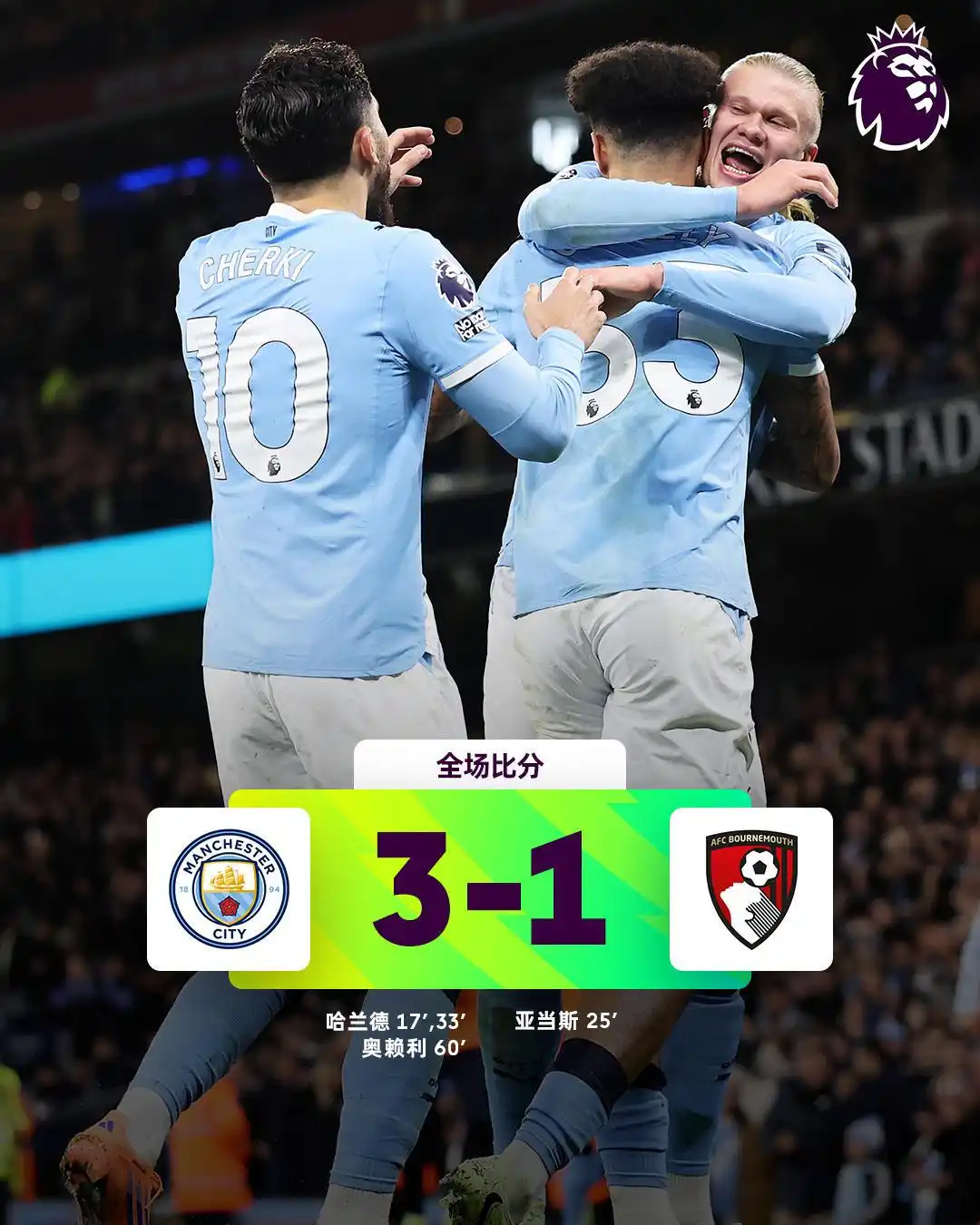 英超第10轮曼城3-1伯恩茅斯 哈兰德独中两元 曼城近5轮第4场胜利_哈兰德双响助曼城摘下樱桃 10场13球超英超10队进球数