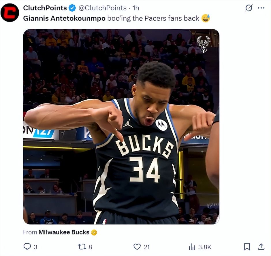 扬尼斯雄鹿绝杀步行者_字母哥高光表现数据_字母哥33+13送压哨绝杀 雄鹿客场险胜步行者