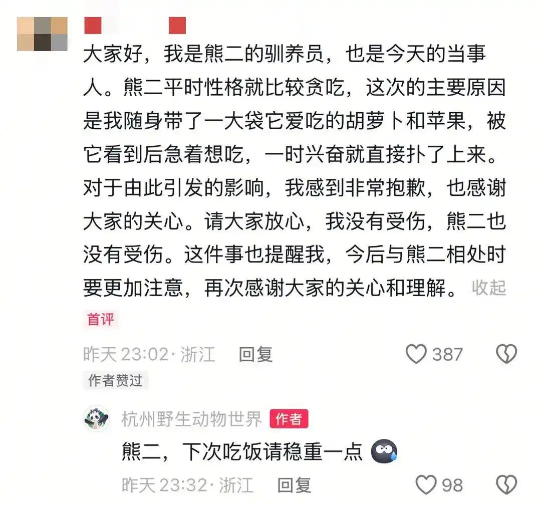 黑熊争抢驯养员携带食物 杭野通报_杭州野生动物世界黑熊表演取消_杭州野生动物世界黑熊攻击饲养员事件