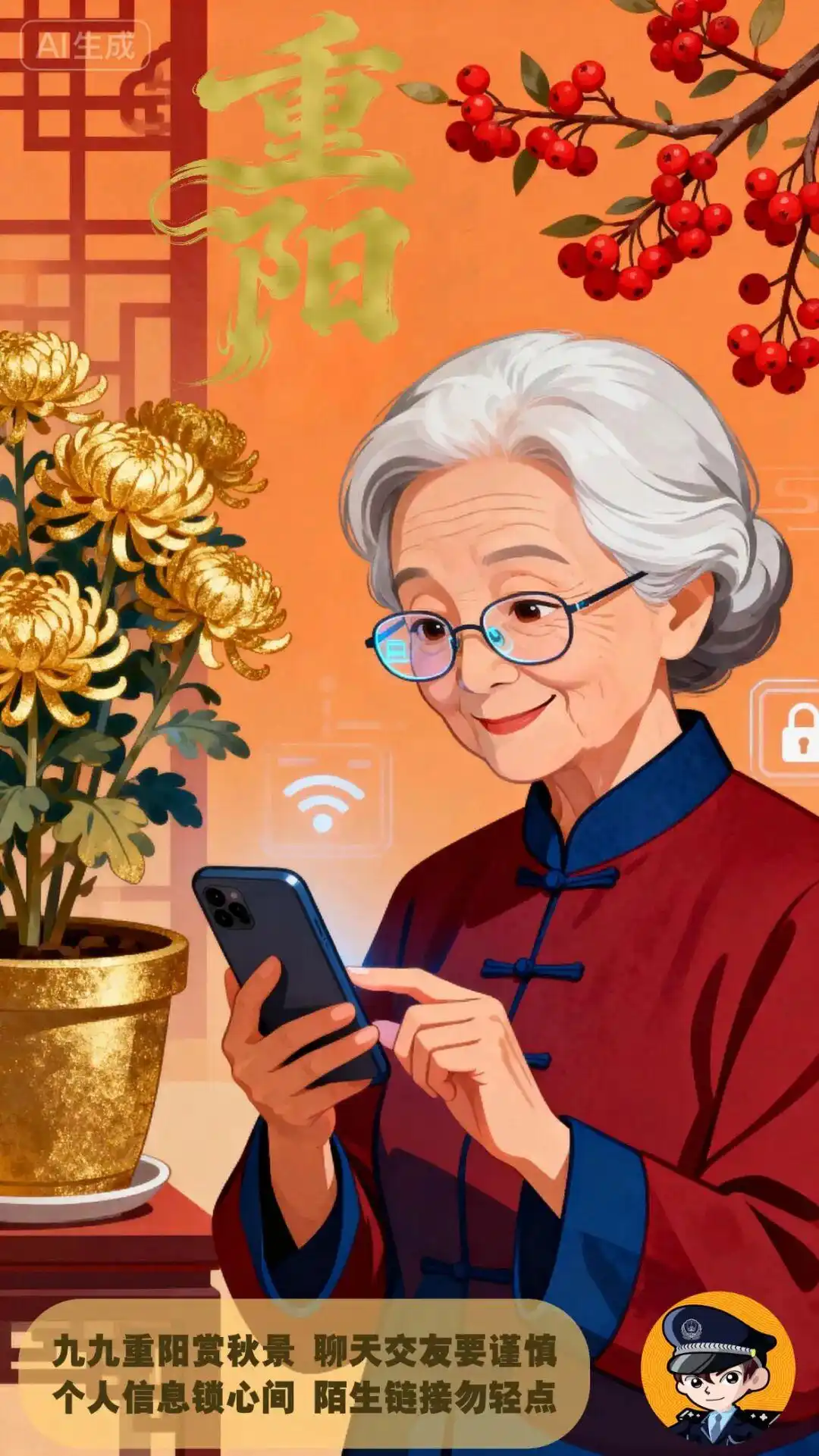 网警大字提醒：护老安全莫松懈_重阳节网络安全_老年数字生活指南