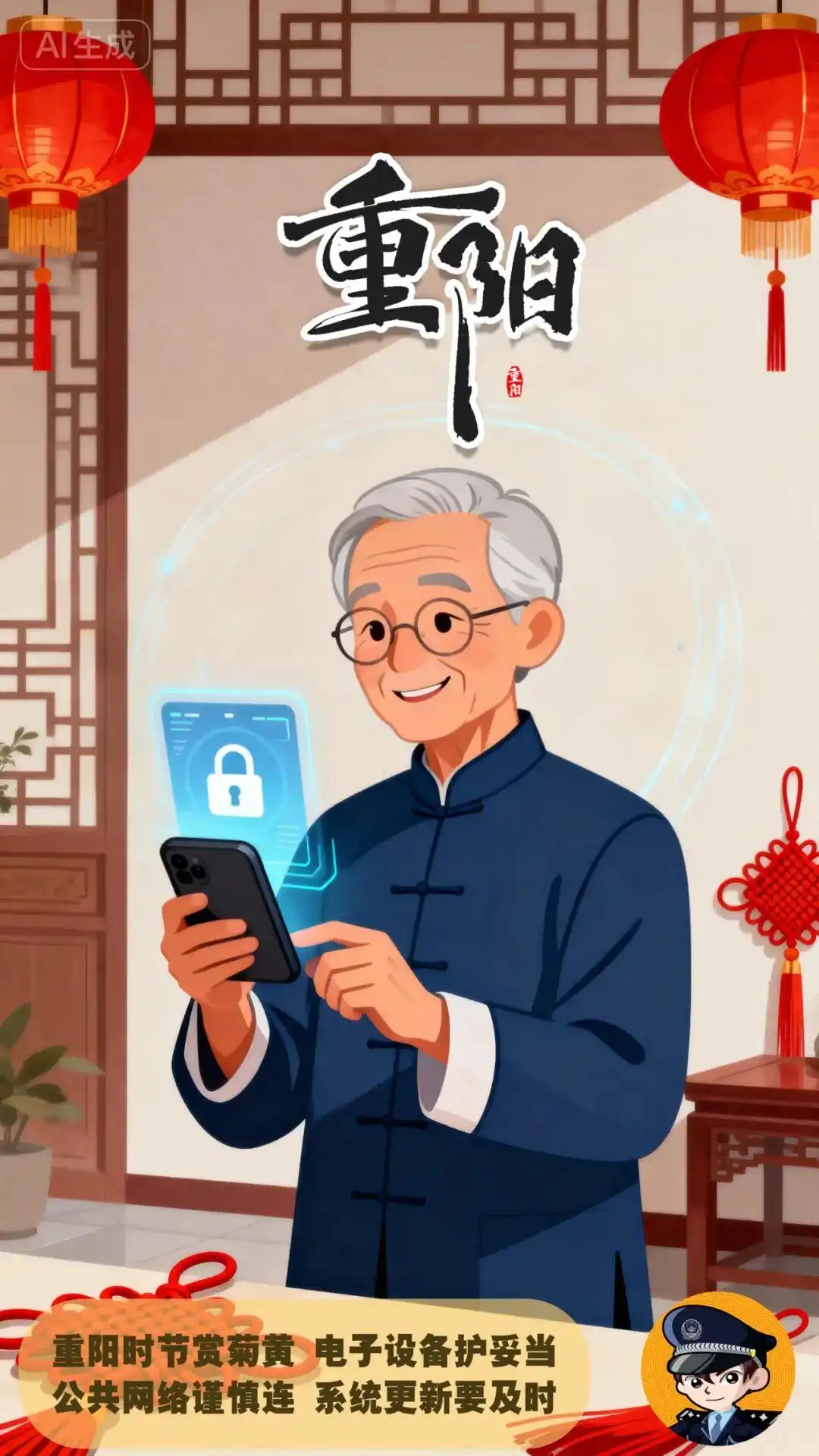 重阳节网络安全_老年数字生活指南_网警大字提醒：护老安全莫松懈