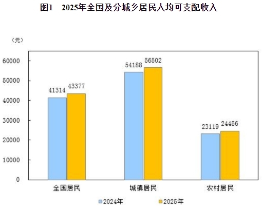 2025年全国居民人均可支配收入增长情况_2026年居民人均可支配收入43377元_城镇农村居民收入对比分析